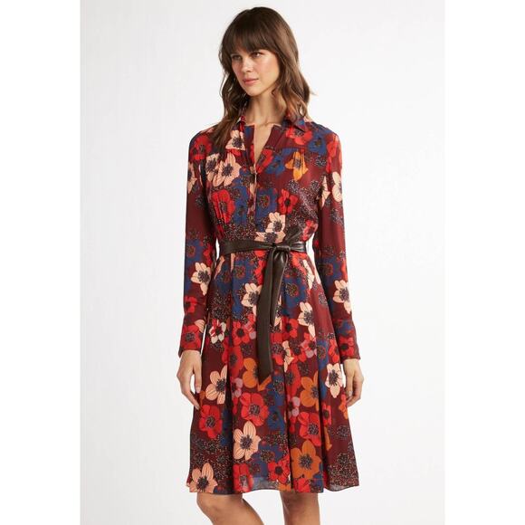 Elie Tahari Dress Women's Medium Multicolor Floral Shirt Style Belted - Picture 1 of 16